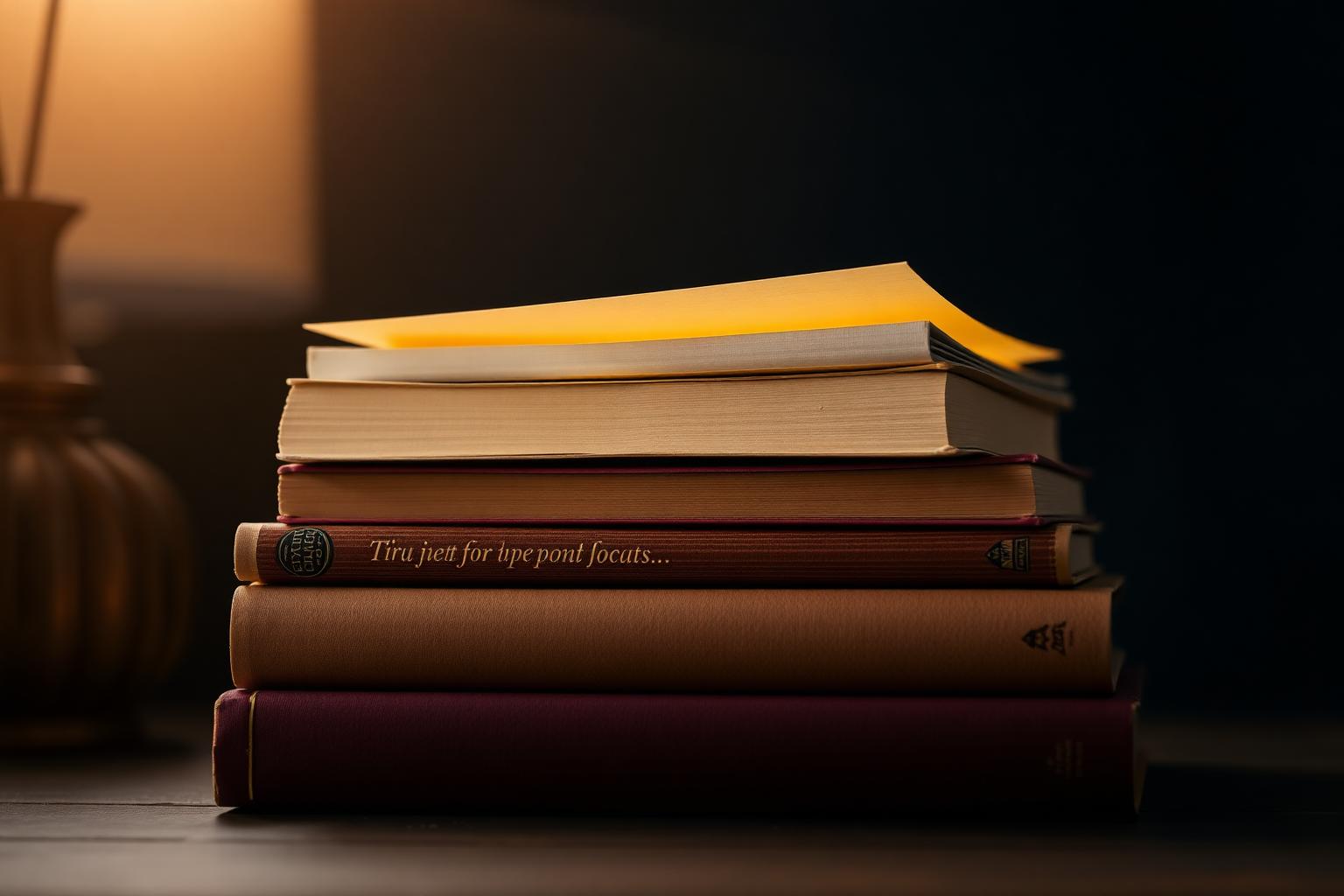 A stack of novels lit by warm dusk light